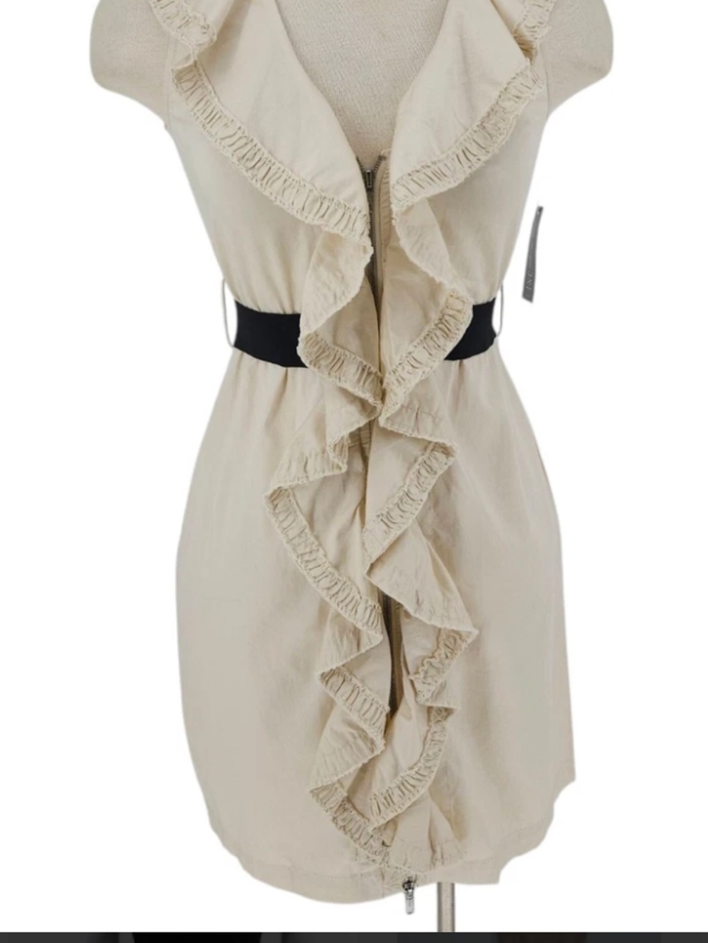 Cream Ruffle Front Sleeveless Dress with Black Waistband